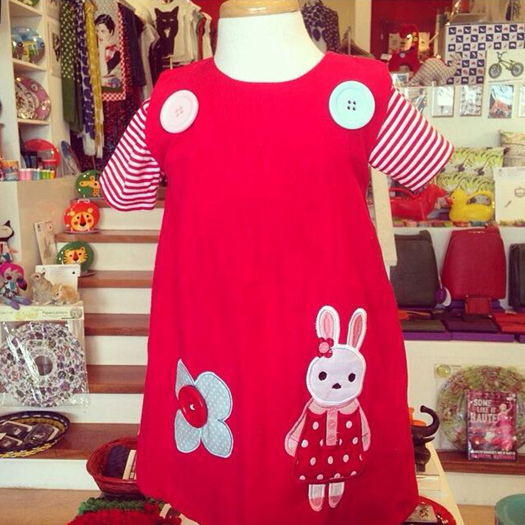Red Corduroy Pinafore Dress Bunny with Red White Polka Lining