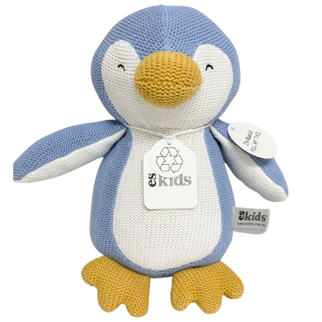 ES Kids - Knitted Musical Penguin - Blue - 22cm - the little haven