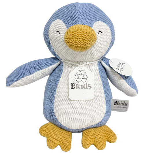 ES Kids - Knitted Musical Penguin - Blue - 22cm - the little haven