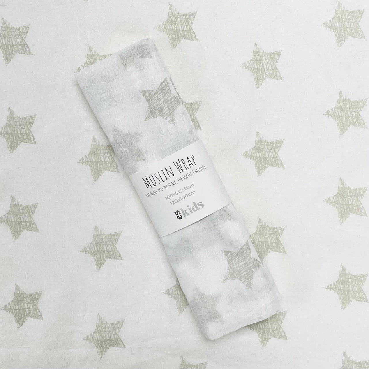 eskids-muslin-wrap-grey-star-100x120cm-the little haven