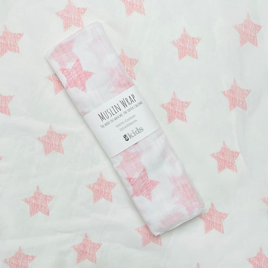 eskids-muslin-wrap-pink-star-100x120cm-the little haven