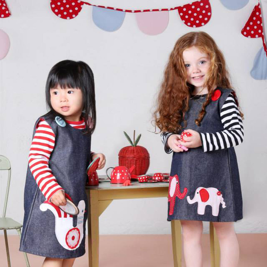 Denim Pinafore Dress - Elephant with Red & White Polka Lining