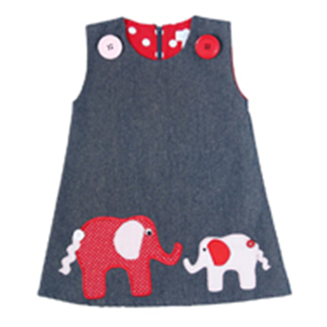 Denim Pinafore Dress - Elephant with Red & White Polka Lining