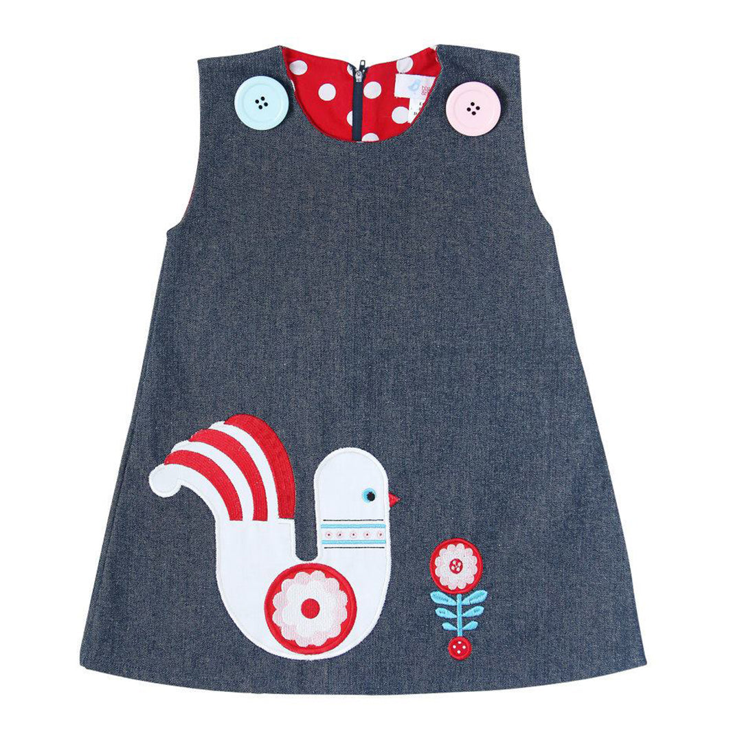 Bluebird & Honey - Partridge Bird Denim - Red & White Polka Lining Pinafore Dress-the little haven