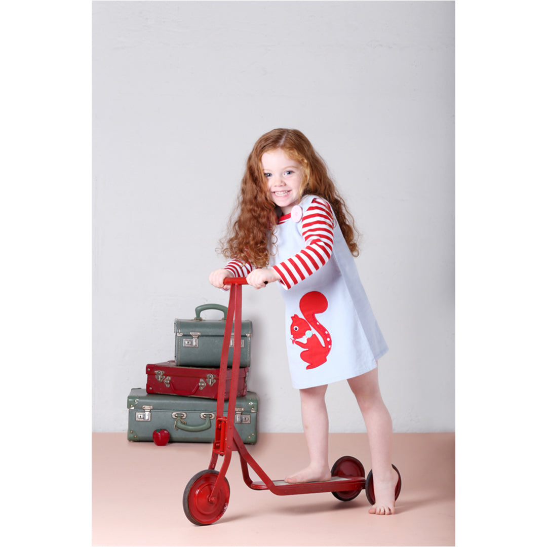 Blue Corduroy Pinafore Dress - Squirrel Pastel with Red & White Polka Lining