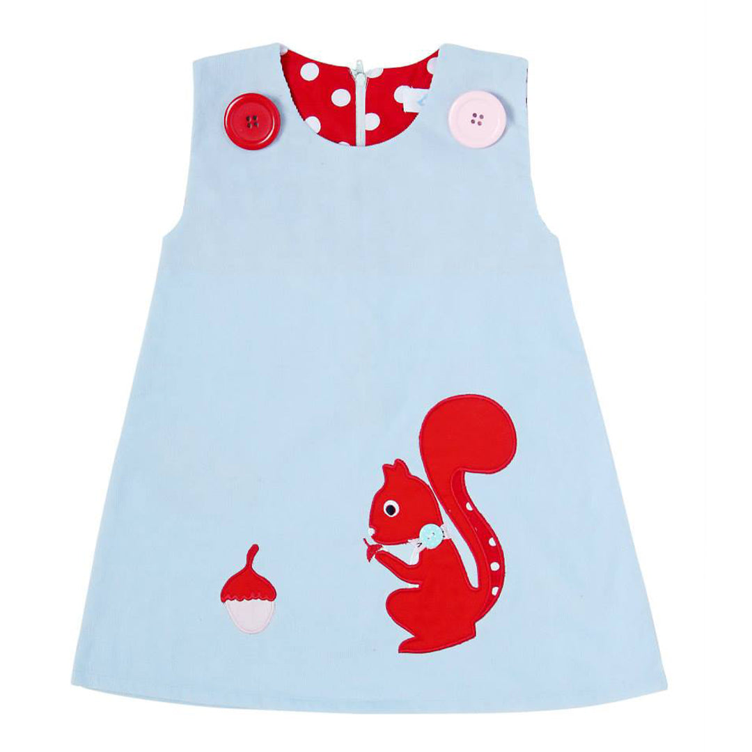 Blue Corduroy Pinafore Dress - Squirrel Pastel with Red & White Polka Lining